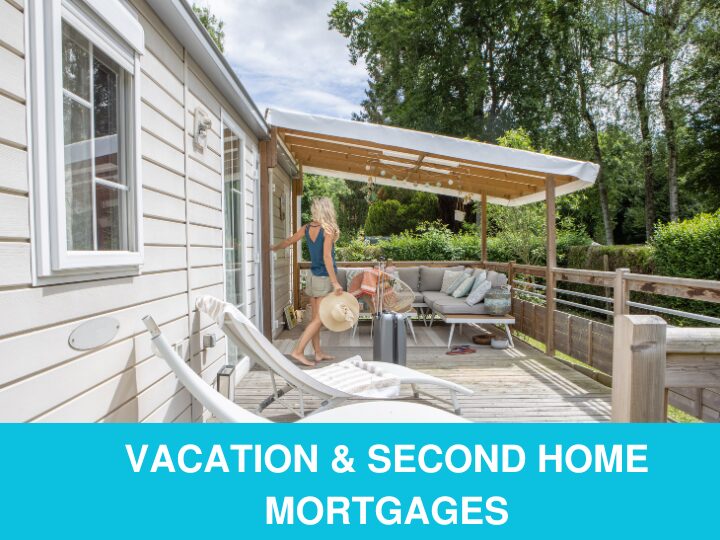 Vacation home deck with woman entering, related to second home mortgages.