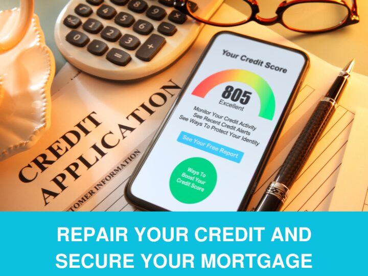 Credit report on a smartphone with excellent score, suggesting credit repair for mortgages.