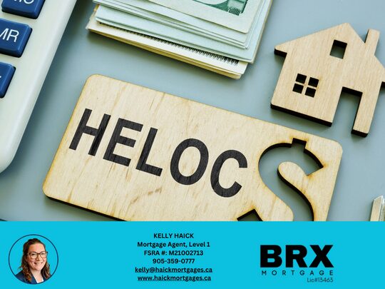 Wooden puzzle pieces spelling out 'HELOC' next to a calculator and cash on a blue background. Home Equity Line of Credit.