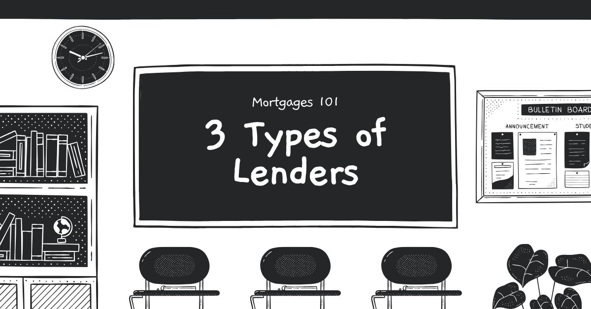 Illustration of a classroom with '3 Types of Lenders' written on the blackboard, representing mortgage education.